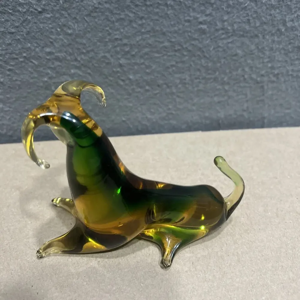 Vintage Mid-Century Modern Murano Style Glass Bull Sculpture Rich Amber Green